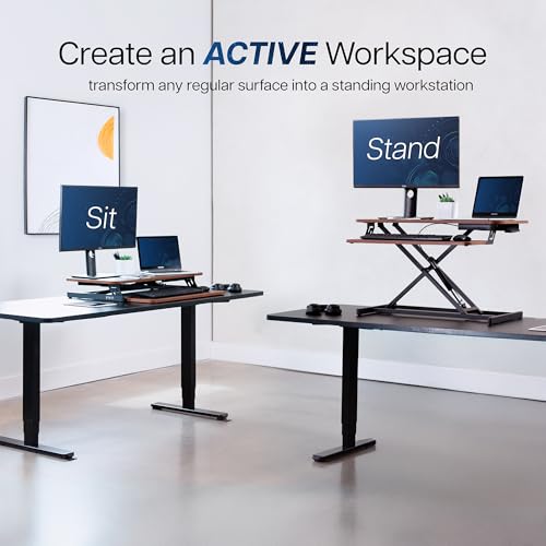 VIVO - Convertidor de escritorio de pie ajustable de 32 pulgadas, estación de trabajo de mesa con elevador para monitores dobles, posición rápida de sentado a de pie, escritorio de nogal oscuro, marco
