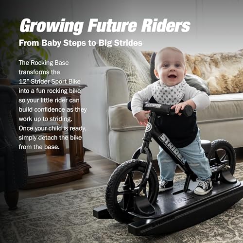 Strider Bicicleta Pro de 12″ (Perla Negra) + Base Mecedora - Ayuda a Enseñar al Bebé Cómo Montar una Bicicleta de Equilibrio - para Niños de 6 Meses a 4 Años - Fácil Montaje y Ajustes
