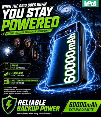 Cargador portátil de batería de 60,000 mAh, cargador de teléfono de carga rápida de 22.5 W, cable USB-C/iOS/Micro-USB, Powerbank para iPhone 17 16 15 14 13 Samsung, para viajes y campamentos esenciales