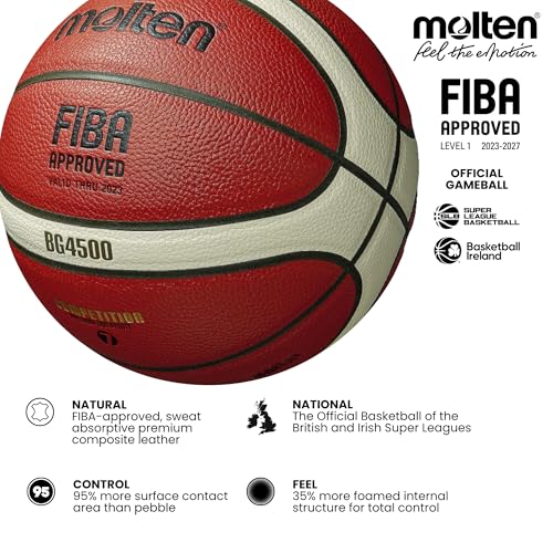 Molten BG4500 Balón de baloncesto, interior, aprobado por FIBA, balón oficial del WBBL, cuero compuesto premium, tamaño 6, naranja/marfil, adecuado para niños de 12, 13, 14 años y niñas de 14 años y