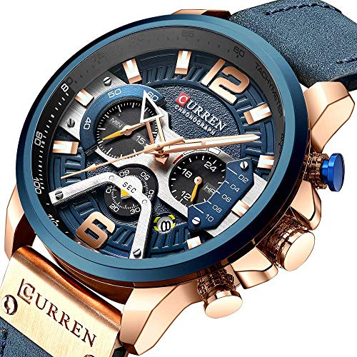 FANMIS Relojes de lujo para hombre, cronógrafo de negocios, analógico, de cuero, resistente al agua, correa de pulsera de cuarzo, AZUL ROSA, 48 mm, Moda