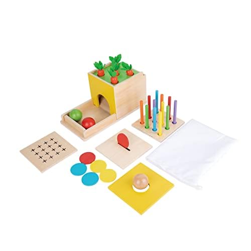 Adena Montessori Kit de juego Montessori de madera 5 en 1, juguetes para bebés, caja de permanencia de objetos, gota de color de fósforo, juego de gota de hisopo de algodón, cosecha de zanahoria y caja de monedas para niños de 1 año, regalo para bebé de 6 a 12 meses