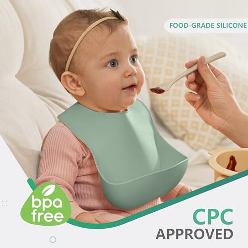 Cuddle Campus Juego de 3 baberos de silicona para bebés y niños pequeños, baberos suaves ajustables con bolsillo para recoger alimentos para niña, niño (Juego de 2)