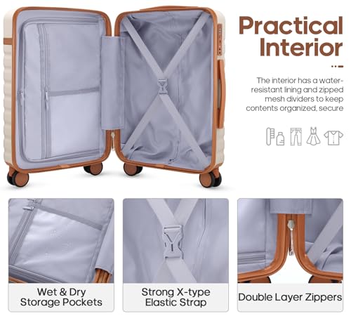 Juego de maletas UKEIN de 3 piezas, equipaje de mano de 20 pulgadas con ruedas giratorias, juego de maleta rígida PC con cerradura TSA, maleta de mano duradera con mochila de viaje para hombres, Beige
