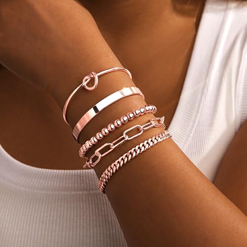 Gokeey Pulseras de oro rosa para mujer, no se deslustra, impermeables, pulseras de oro rosa, apiladas, delicadas, cuentas de clip de papel, cadena cubana en capas para regalos de joyería