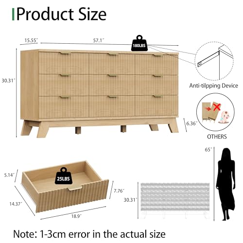 Cómoda acanalada para dormitorio con 9 cajones, cómoda moderna de 57 pulgadas de ancho con tirador de metal, cómoda de madera soporte para TV, organizador de almacenamiento de ropa de madera para