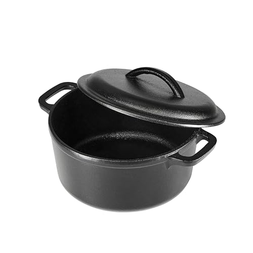 Amazon Basics Mini olla holandesa de hierro fundido pre-sazonada con tapa y asas dobles, apta para horno, 2 cuartos de galón, redonda, color negro