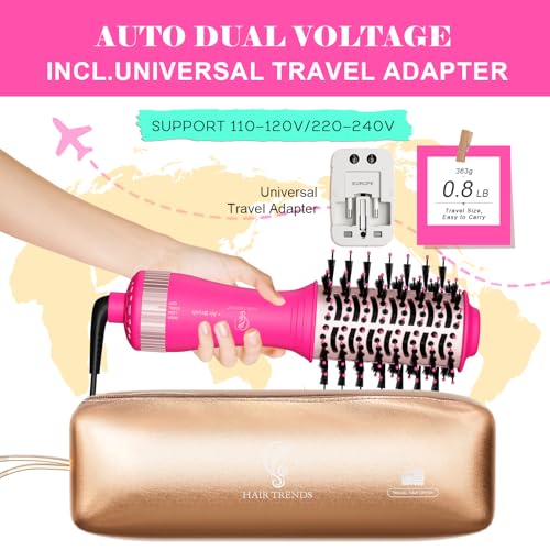 Cepillo secador de pelo de doble voltaje para viajes, cepillo estilor y secador de un solo paso mini con aire caliente, voluminizador de 2 pulgadas de forma ovalada de nano titanio Hair Trends