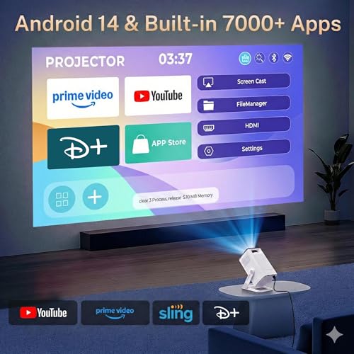 Mini proyector con WiFi 6 y Bluetooth 5.4 Aplicaciones integradas para dormitorio, proyector portátil Android 14 Smart Auto Keystone 1080P 4K compatible con iOS/HDMI/TV Stick VisualCube 300 Blanco