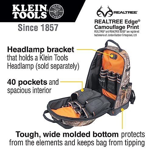 KLEIN TOOLS 62800BPCAMO - Mochila para herramientas Tradesman Pro extra grande con 40 bolsillos, camuflaje, para sitio de trabajo, con fondo moldeado, puerto de carga