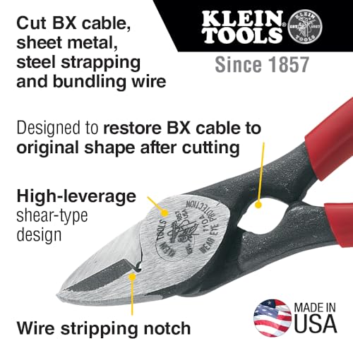 Klein Tools 1104 Cortador de cable BX y tijeras multiusos, fabricado en EE. UU., cable BX, chapa, correas de acero, alambre de agrupación, con muesca para pelar