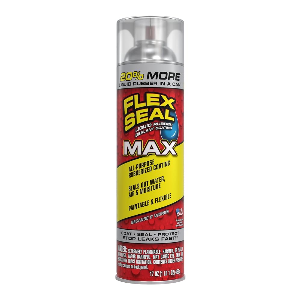 Flex Seal MAX, 17 onzas, paquete de 1 unidad, transparente, detiene las fugas al instante, impermeable y con revestimiento sellador de goma en aerosol, perfecto para canaletas, madera, caravanas, caravanas, reparación de techos, tragaluces, ventanas y más