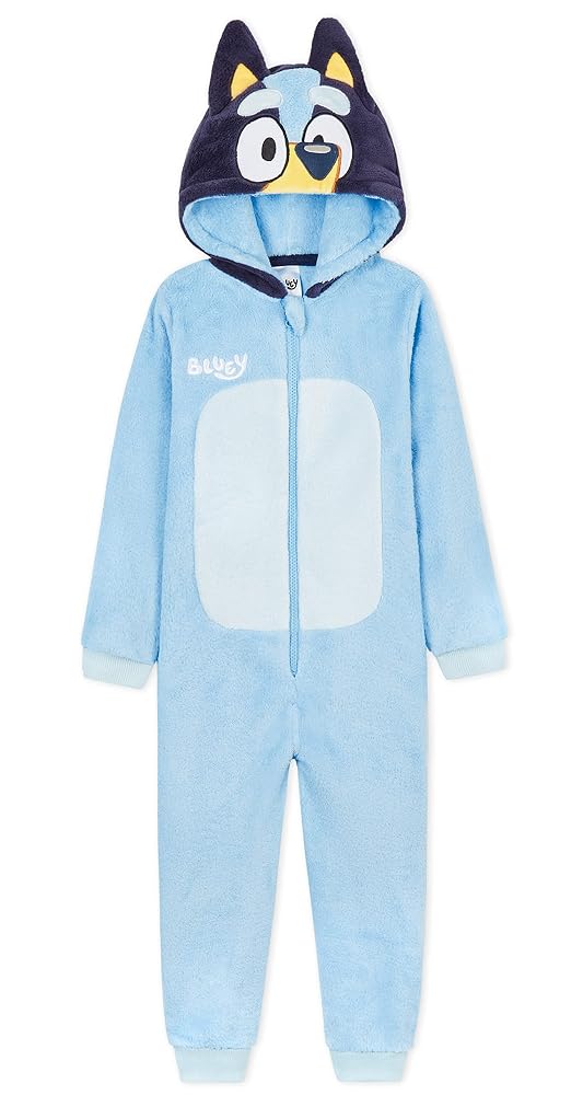 Bluey One Piece Pajamas for Kids, Toddlers, Jumpsuit with Hood, Fleece Zip Front Sleepwear, Loungewear, Gifts for Boys, Girls (Blue, 3-4 Years)