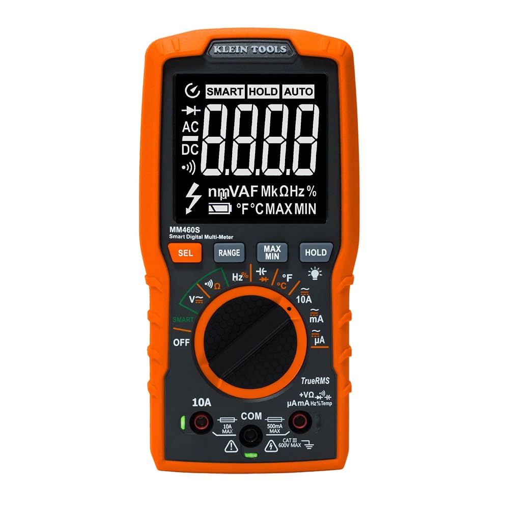 Multímetro digital inteligente Klein Tools MM460S, TRMS con rango automático de 600 V CA/CC, comprobador de voltaje, pantalla retroiluminada, funcionamiento con manos libres, comprobador eléctrico profesional