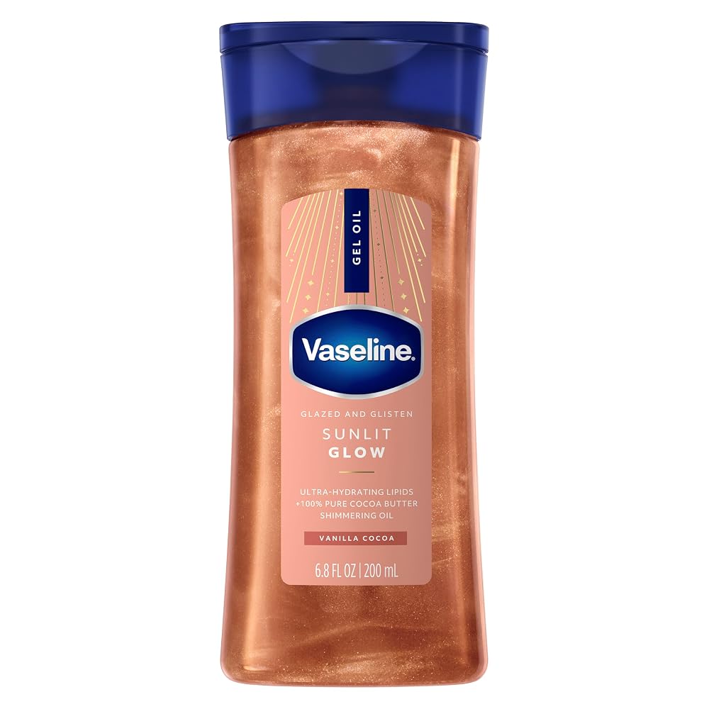 Gel corporal Sunlit Glow, glaseado con vaselina y brillo, vainilla y cacao, reluciente con lípidos ultrahidratantes y manteca de cacao 100% pura, 6.8 onzas