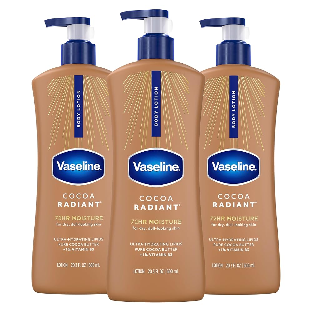 Loción corporal Vaseline Intensive Care Cocoa Radiant, 3 unidades, para piel seca, hecha con lípidos ultrahidratantes y manteca de cacao pura para un brillo radiante y duradero de 20.3 onzas