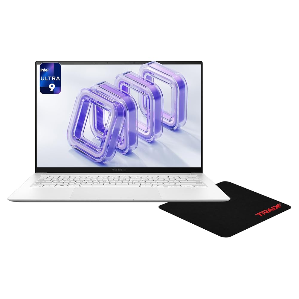 ASUS Zenbook S14 Laptop, Intel Ultra 9-386H, 32 GB LPDDR5X RAM, 2 TB PCIe SSD, 14″ 3K (2880x1800) Touchscreen 120Hz, Intel Graphics, Backlit Keyboard, W11 Pro, Scandinavian White + Traix Mousepad