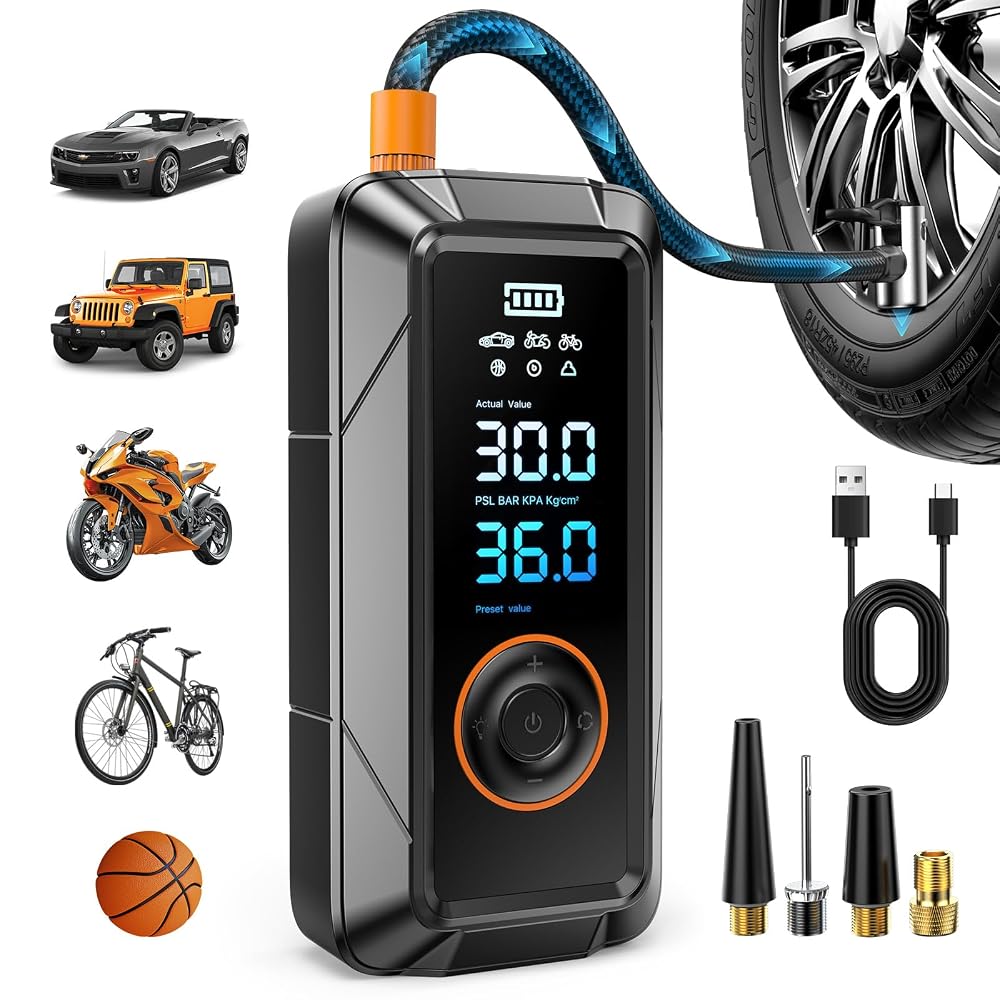Inflador de neumáticos portátil, inalámbrico y inflador de aire de 12 V DC para coches, bicicletas, motocicletas, neumáticos tipo bolas con apagado automático, manómetro digital, bomba de emergencia compacta