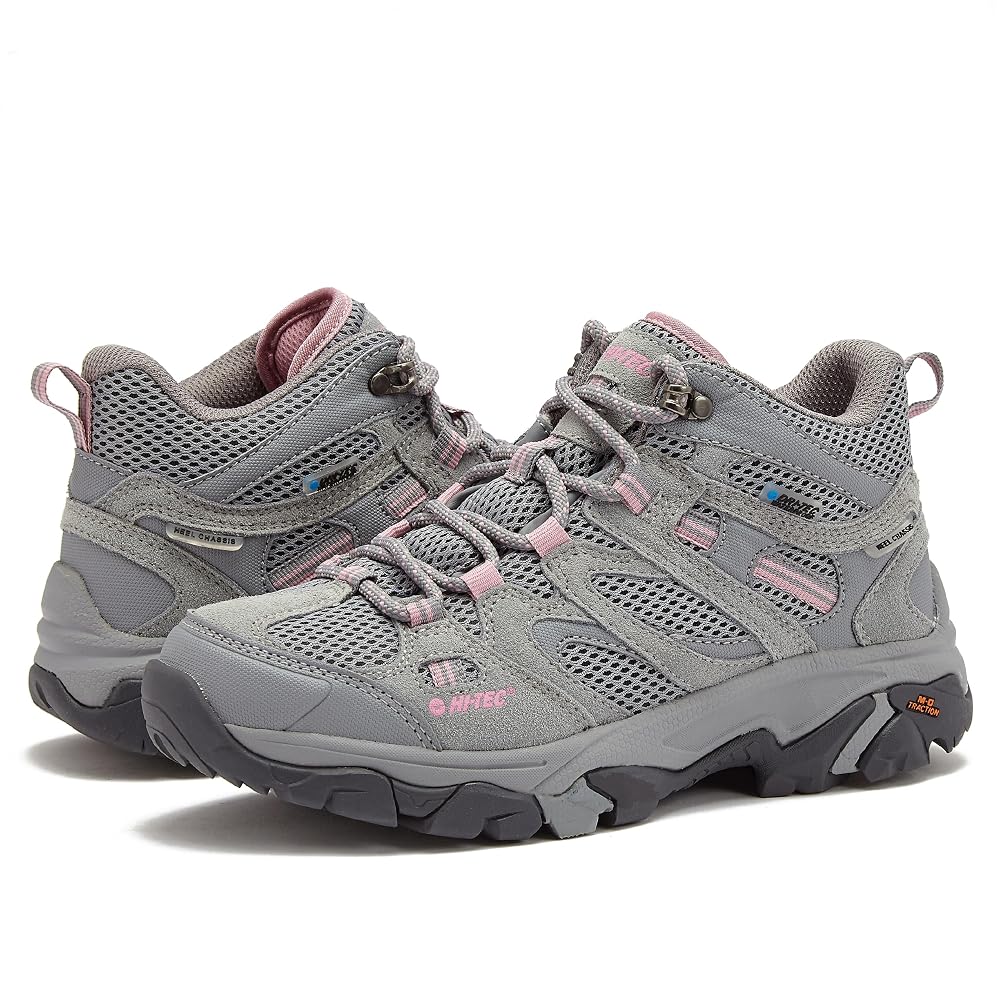 Botas de senderismo impermeables HI-TEC Apex Lite Mid WP para mujer, zapatillas ligeras para actividades al aire libre y de trail, gris medio/rosa claro, 9 tallas medianas