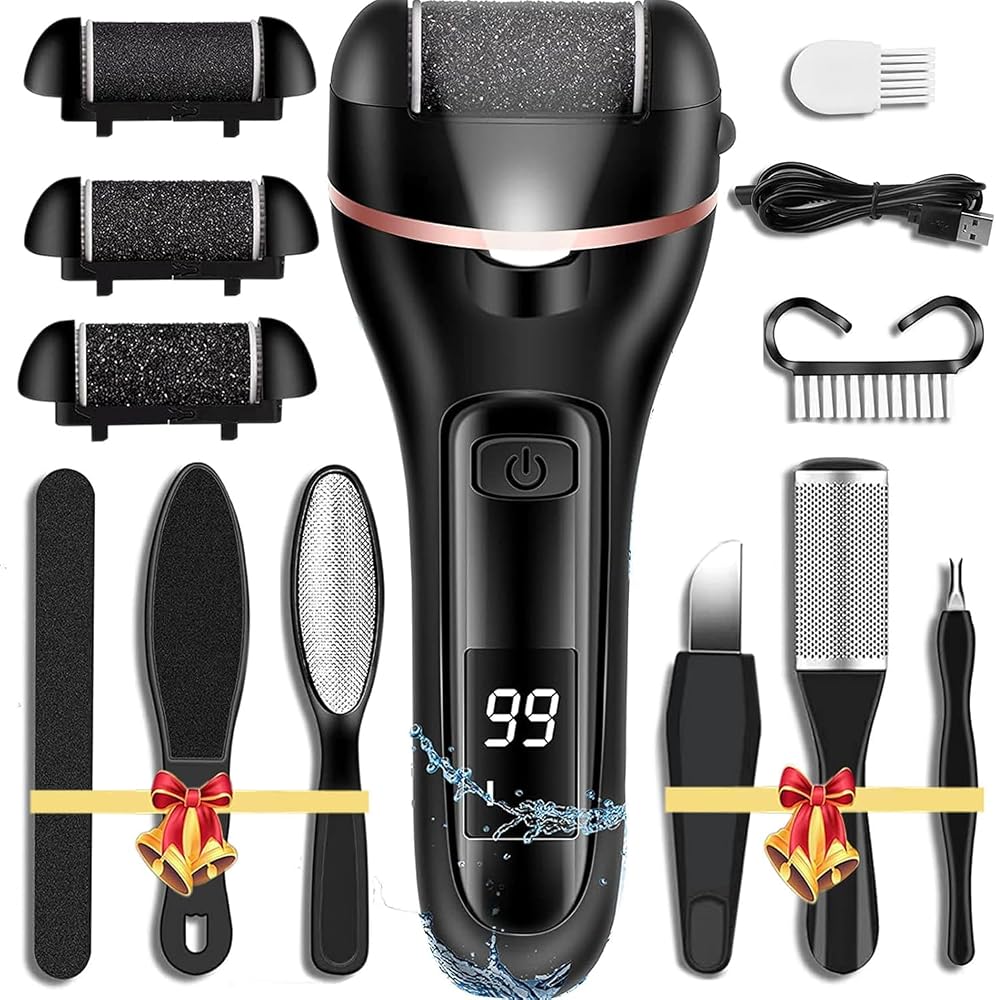 Lima eléctrica para pies removedor de callos, herramientas de pedicura profesional 13 en 1, kit para el cuidado de los pies, exfoliante de pies para piel muerta seca y agrietada, 3 rodillos, 2 velocidades, pantalla de batería (negra)